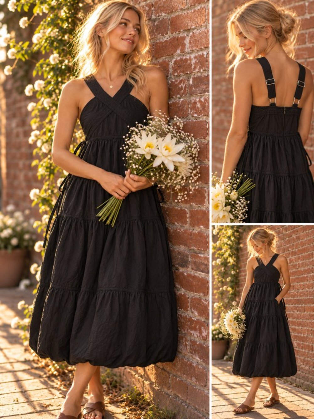 Madewell Poplin Halter Tiered Midi Dress Black Size 6 Retail $148